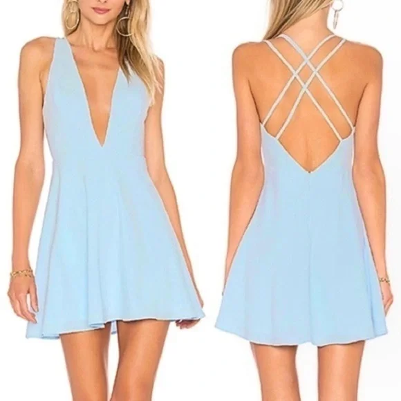 Revolve Superdown Baby Blue Deep V-Neck Sammie Mini Skater Dress Large - Picture 1 of 14